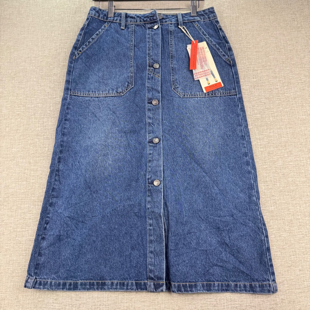 Polo Ralph Lauren Denim Midi Skirt Button Front Blue Stretch W29 L30 NEW W/ Tag